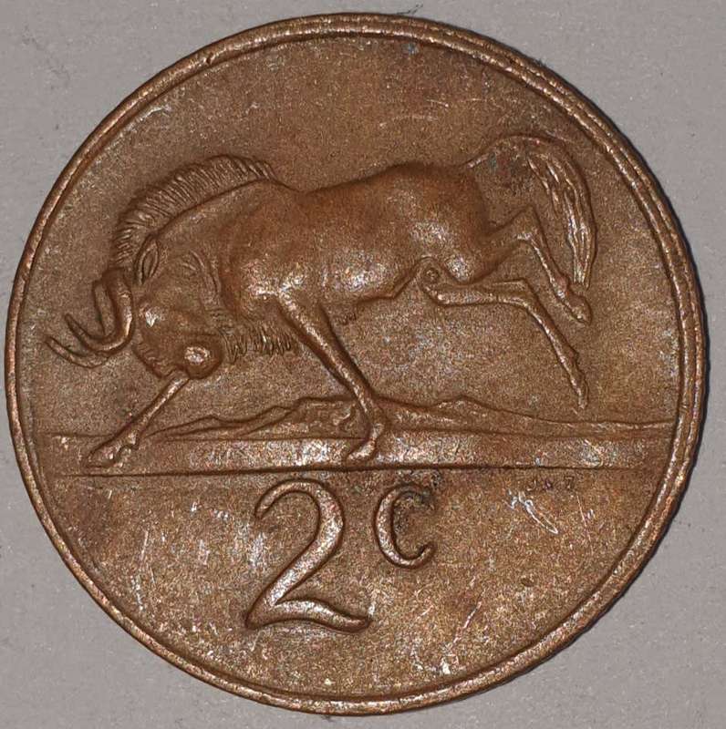 1980 - 2 CENT COIN (TWO CENT COIN) - RSA - BRONZE - KM#83 - BILINGUAL LEGEND - WILDEBEEST
